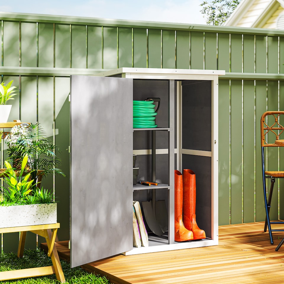 image 1 of Outsunny Wooden Garden Shed, Outdoor Storage Small Shed with 2 Shelves, Sloped Roof and Bolt Latch, Compact Utility Tool Cabinet Organiser for Yard Patio Garage, 75 x 56 x 115 cm, Grey