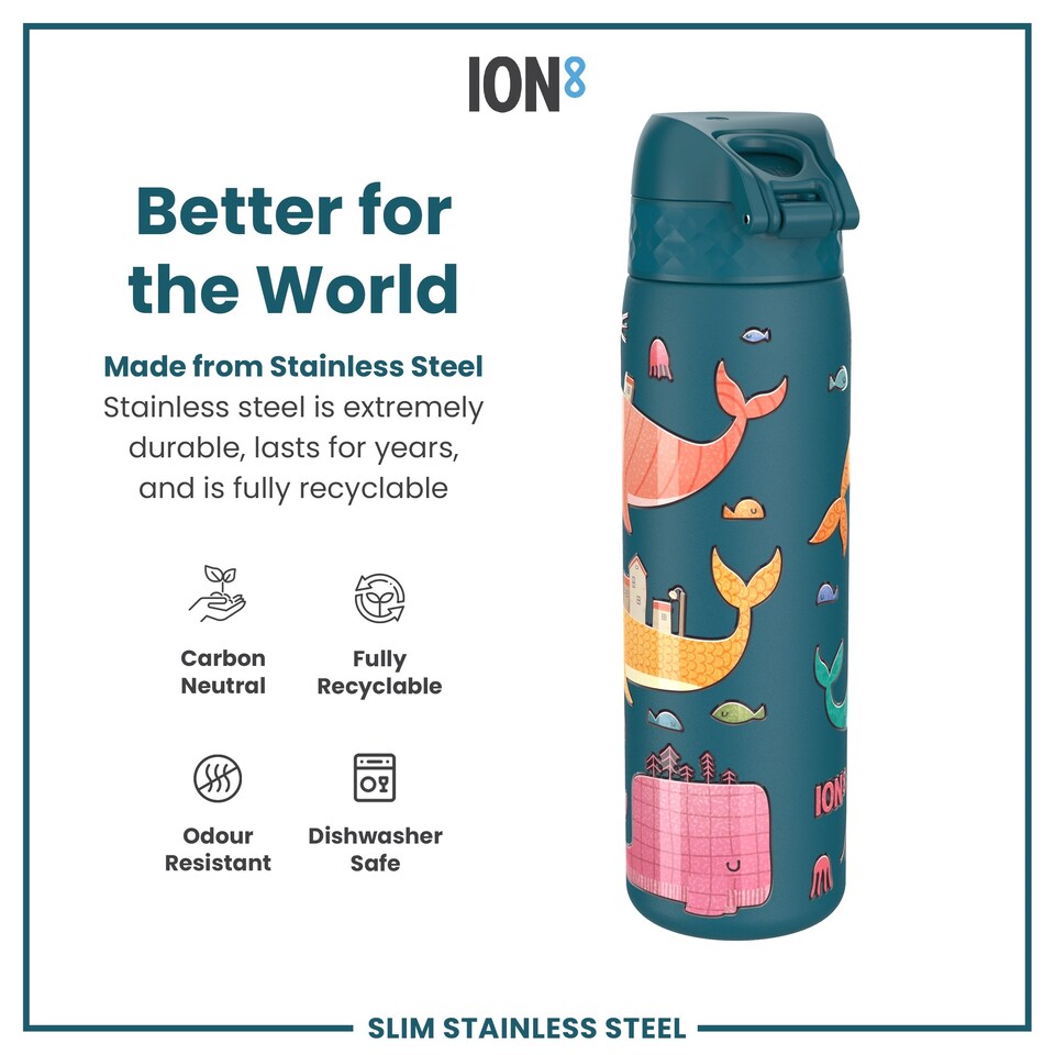 image 1 of Leak Proof Slim Water Bottle, Stainless Steel, 600ml (20oz) | Blue | Whales | One Size