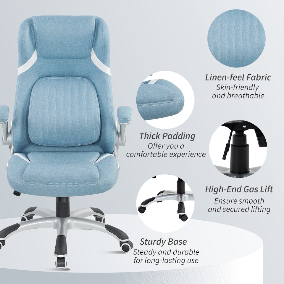 image 1 of Vinsetto Executive Office Chair, Fabric High Back Office Desk Chair with Flip-up Armrests, Adjustable Lumbar Support and Tilt Function, Blue