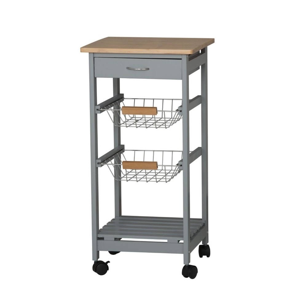 image 1 of 3 Tier Portable Oasis Bamboo Top MDF Kitchen Trolley Drawer Shelf Cart on Wheels | Grey | Grey