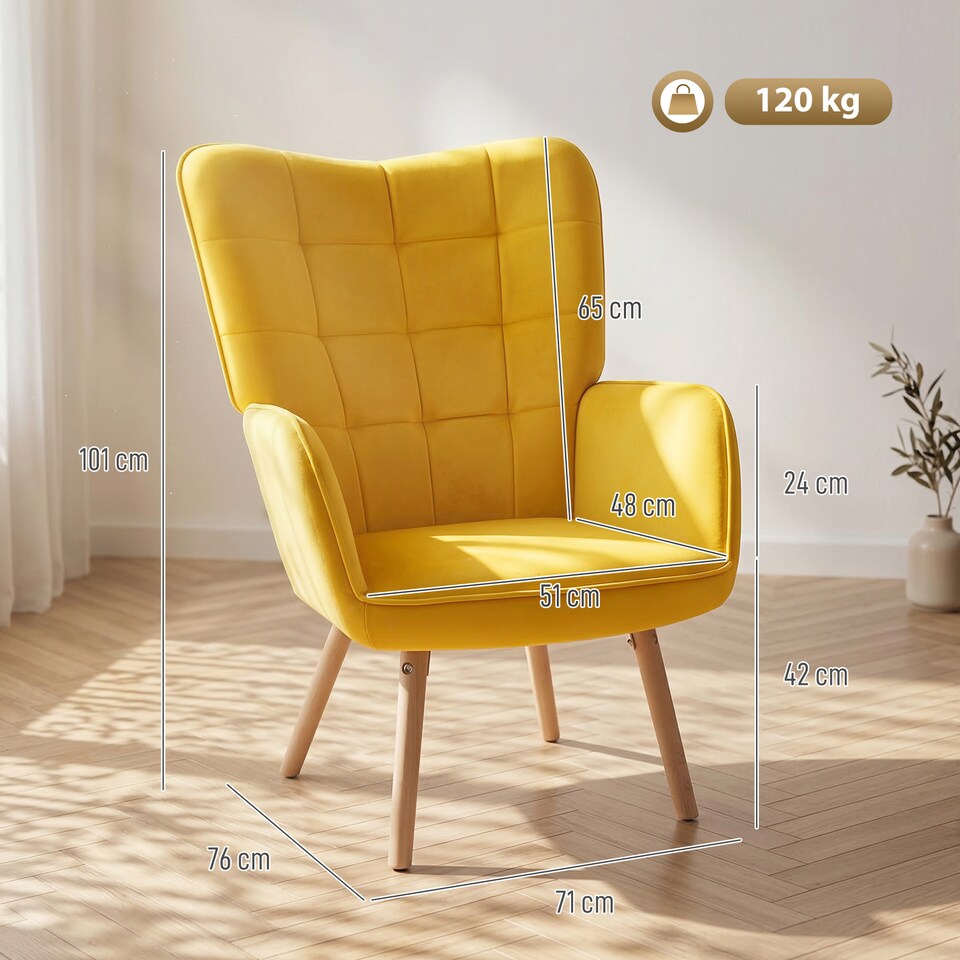 image 1 of HOMCOM Upholstered Tufted Wingback Armchair with Seat Padding, Yellow