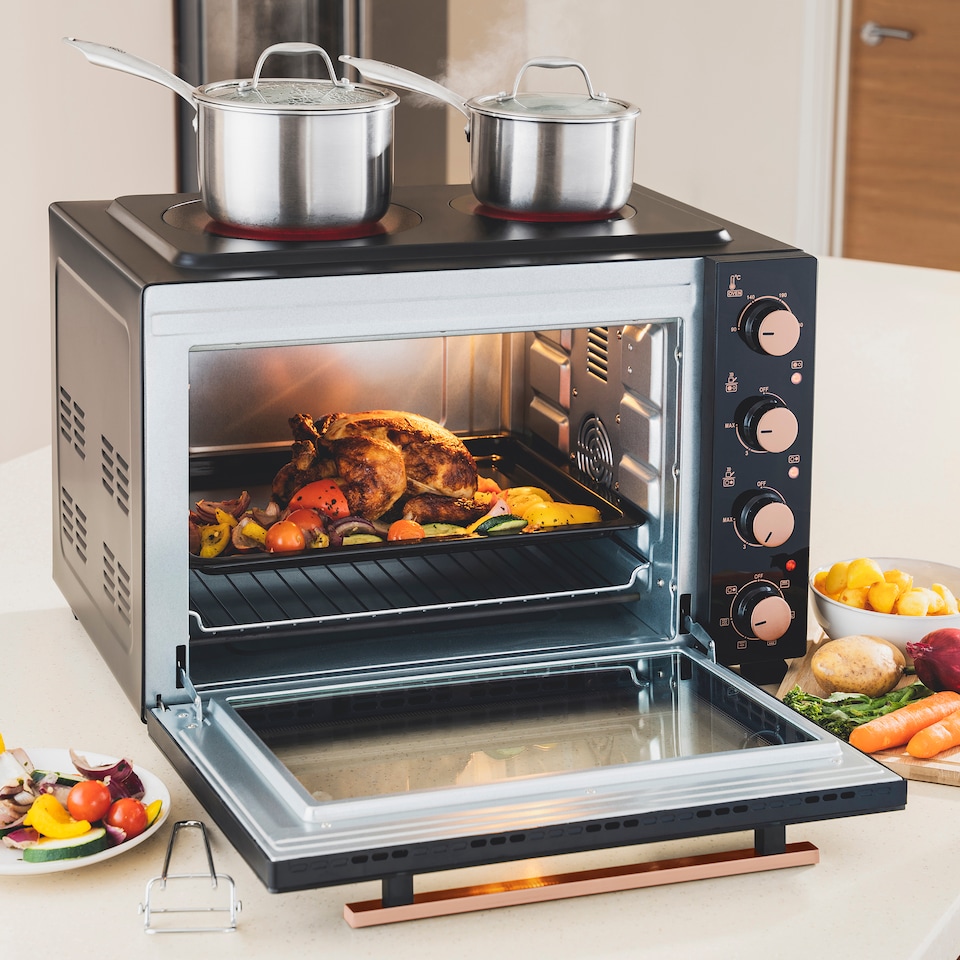 image 1 of Cooks Professional 48L Mini Portable Oven with 2 Ceramic Hobs - Electric Portable Countertop Cooker | Black | Black & Copper