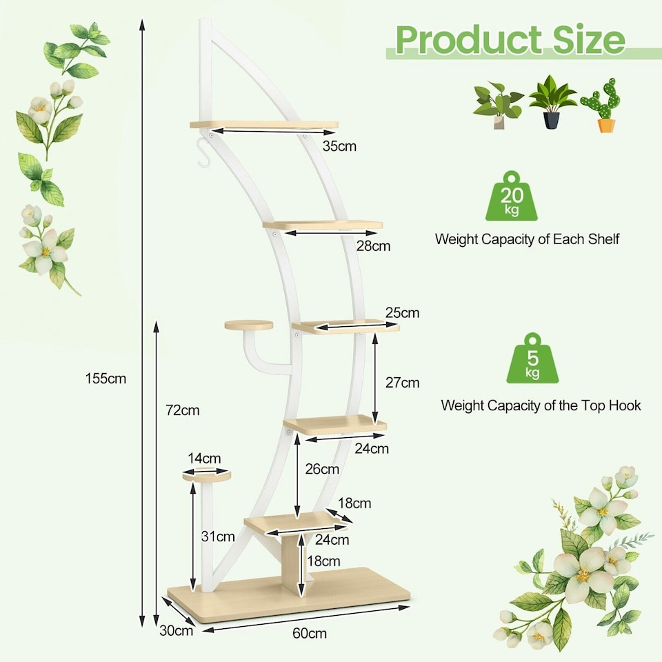 image 1 of COSTWAY 2 Pcs Wooden 8-Tier Plant Stand Rack Half Moon Shelf White