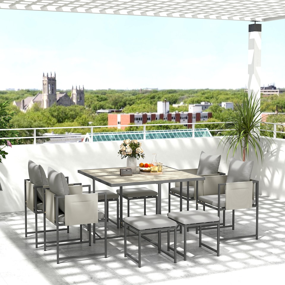 image 1 of Outsunny 9 Piece Garden Dining Set, Cube Outdoor Garden Furniture Set with Cushions, 8 Seater Garden Table and Chairs with 4 Stools, Square PSPC Plastic Top Table, Side Pockets for Conservatory, Grey | Grey | 1