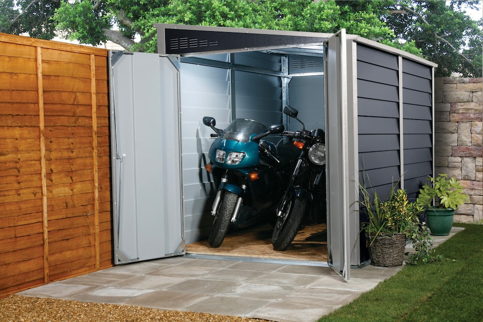image 1 of 9 x 6 ft Trimetals ProtectaBike 960 Pent Roof Metal Motorcycle Garage - Double Door - Police Approved | Grey | 9x6ft