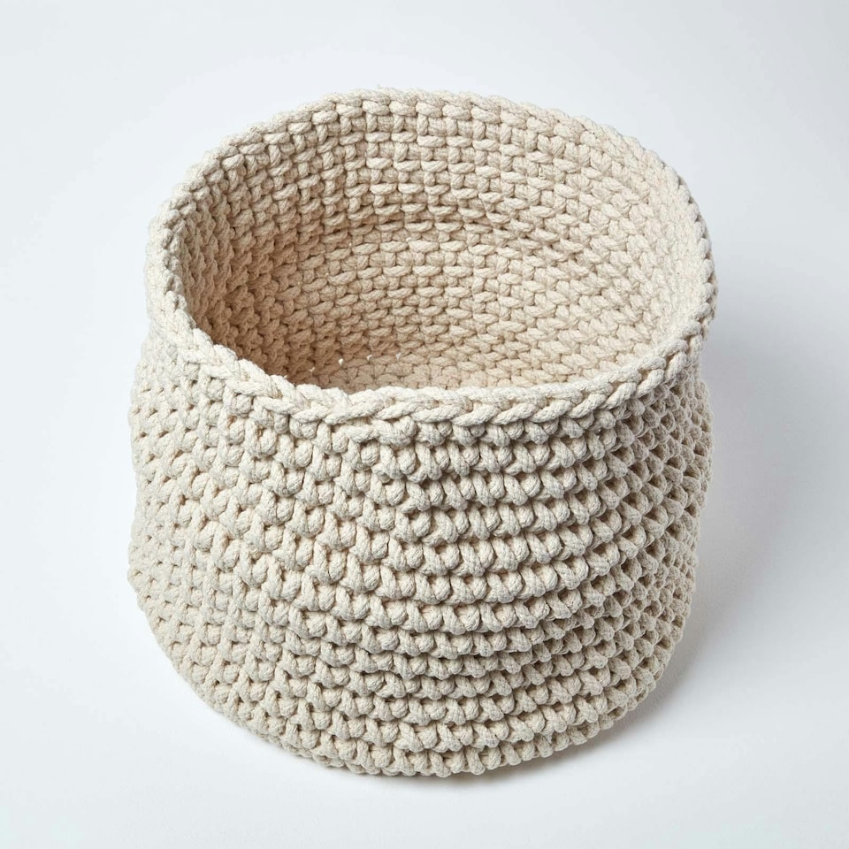 image 1 of Homescapes Natural Cotton Knitted Round Storage Basket - 42 x 37 cm | Cream | Natural | L