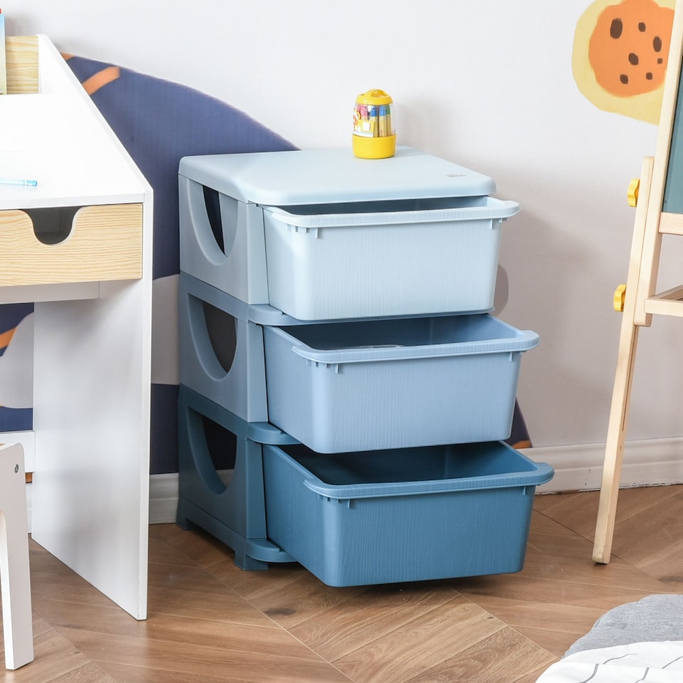 image 1 of HOMCOM Kids Storage Units with Drawers Chest Dresser Tower | Blue | 37cm x 37cm x 56.5cm