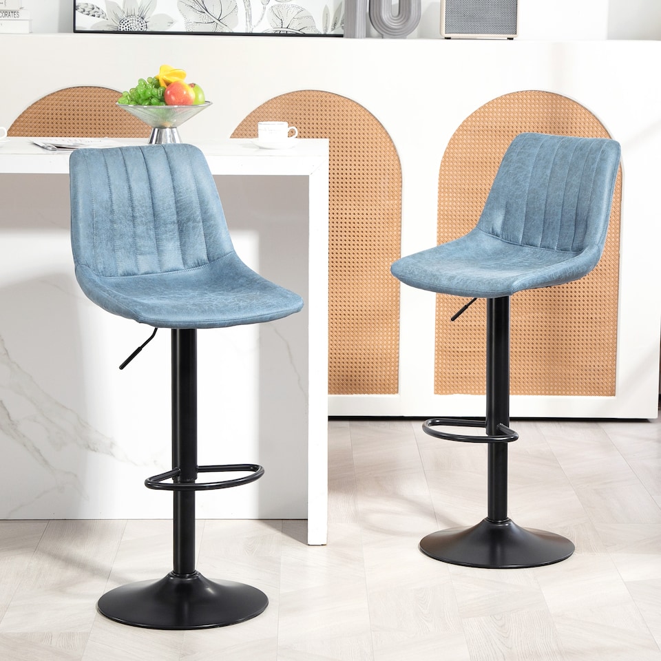 image 1 of HOMCOM Modern Bar Stools Set of 2, Height Adjustable Swivel Bar Chairs with Backrest, Gas Lift and Footrest, Leathaire Barstools for Breakfast Counter, Kitchen Island, Blue