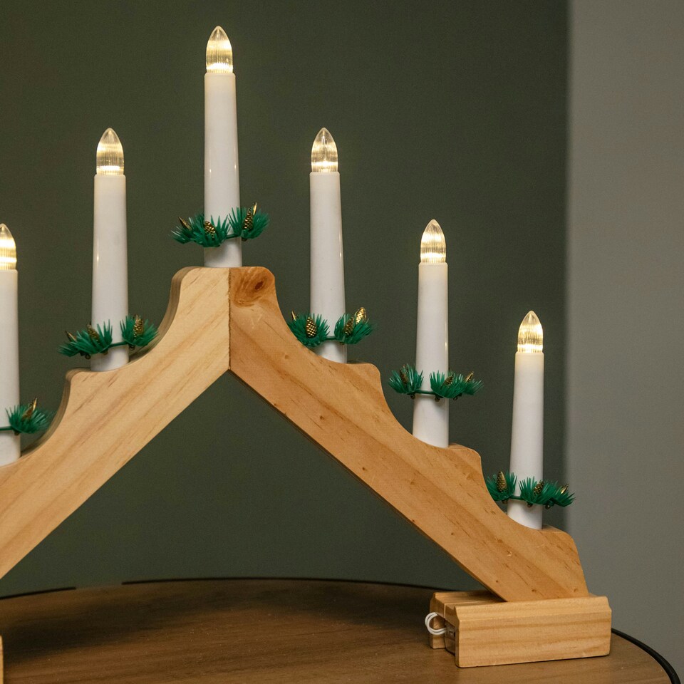 image 1 of 41cm Battery Operated Light up Wooden Christmas Candle Bridge with 7 Warm White LEDs