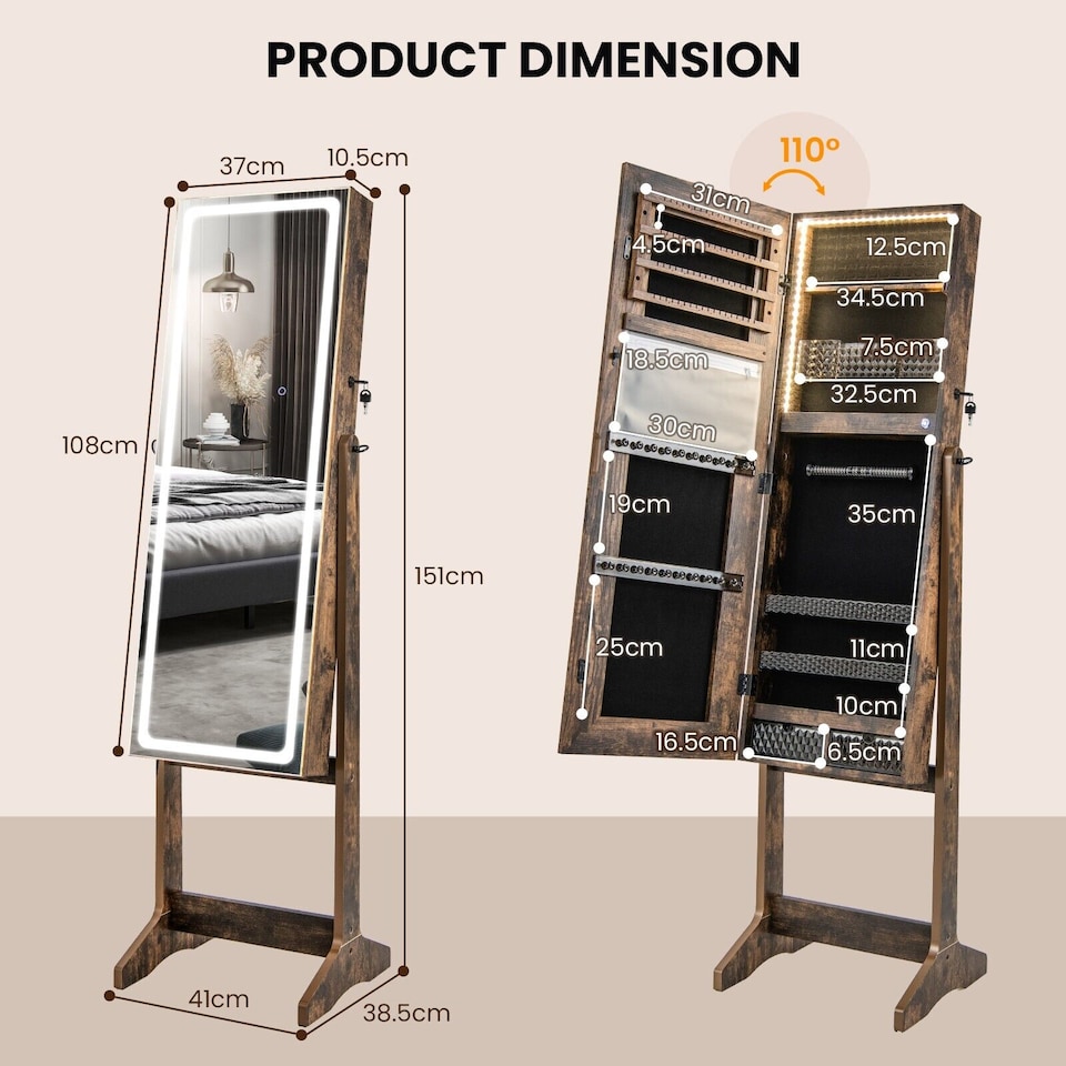 image 1 of COSTWAY Standing Jewelry Cabinet Jewelry Armoire w/ LED Lights Coffee