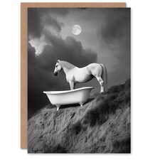 Horse Bathtub Full Moon Cliff Surreal Black White Birthday Greeting Card
