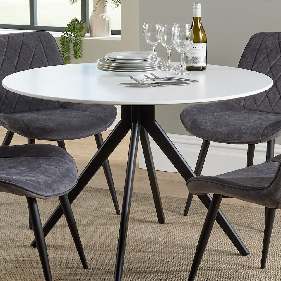 image 1 of Aspen Compact Round Dining Table - Durable Wood-Effect or Sintered Stone Top with Black Metal Pedestal Legs | White | White | Small | 1