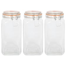 Argon Tableware Square Glass Jars with Clip-Top Lids - 1.7L - Pack of 3