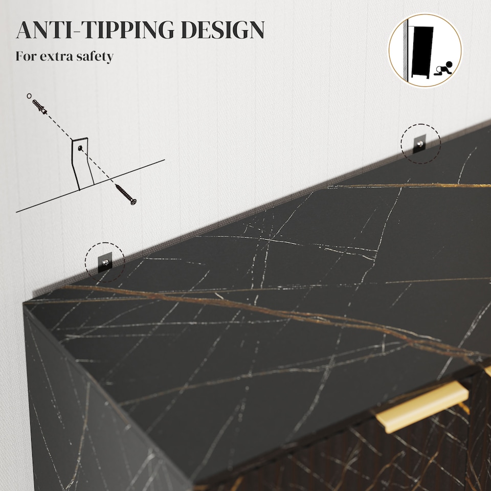 image 1 of HOMCOM Sideboard Storage Cabinet, Marble Effect Buffet Cabinet with 2 Fluted Doors and Adjustable Shelves, Coffee Bar Cabinet with Metal Legs for Living Room, Black | Black | Black