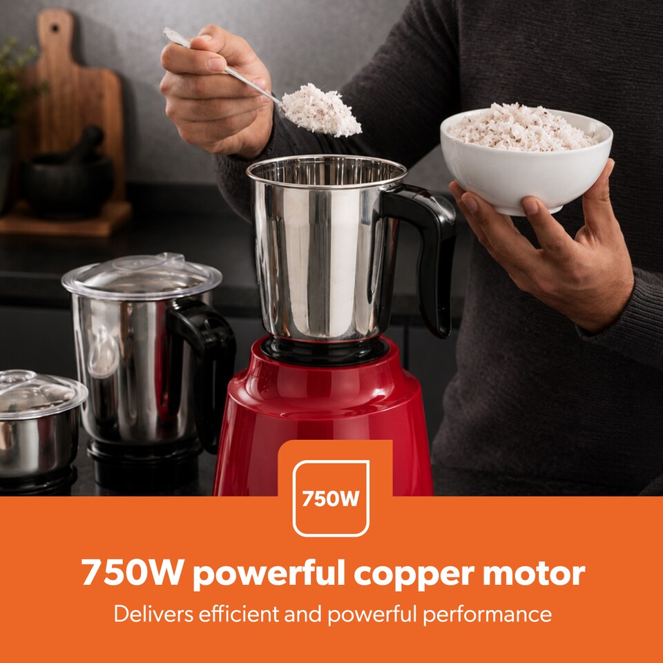 image 1 of GEEPAS 600W 3-in-1 Mixer Grinder | Stainless Steel Jars, Blades | Red