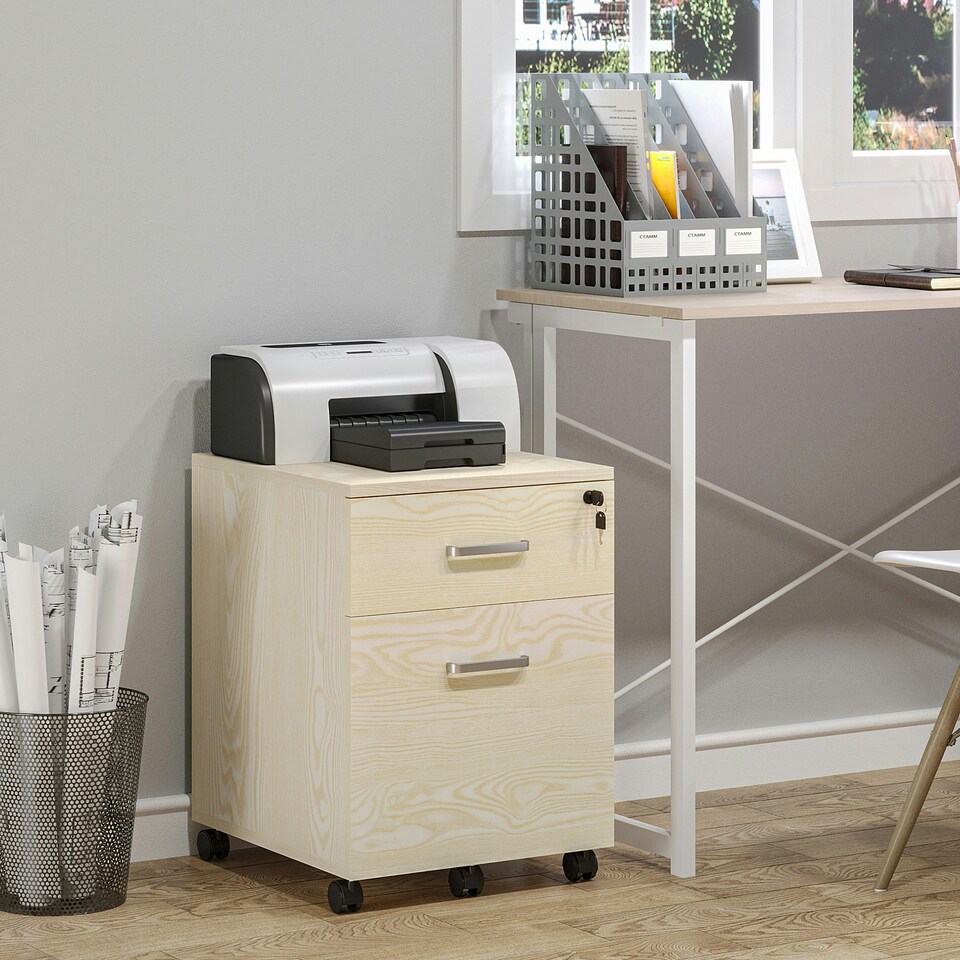 image 1 of Vinsetto 2-Drawer Locking Office Filing Cabinet 5 Wheels Rolling Storage Oak