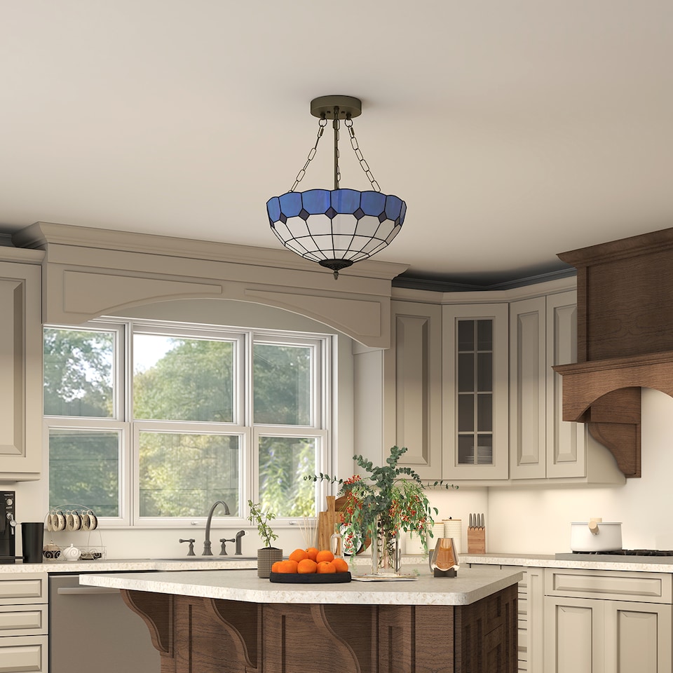 image 1 of HOMCOM 40 cm Tiffany Style Ceiling Light, Vintage Stained Glass Chandelier with 3 E27 Sockets, Semi Flush Mount Pendant Light for Living Room, Bedroom, Hallway, Bulbs Not Included, Blue and White | Blue