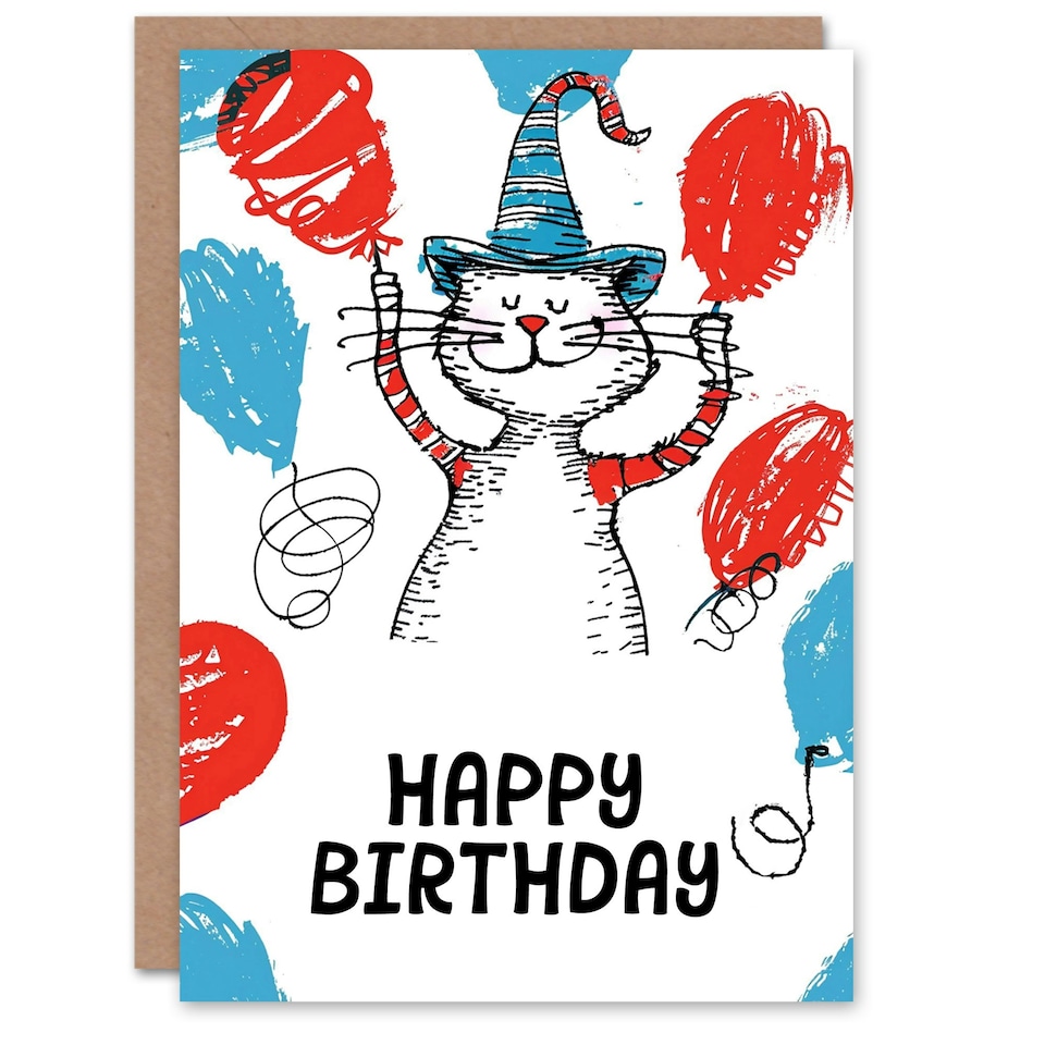 image 1 of Cat Lover Balloons Hat Book Drawing Kids Child Kids Birthday Card