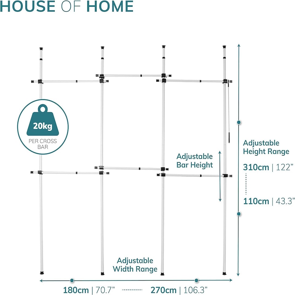 image 1 of House of Home Triple Telescopic Organise Hanging Rail Clothes Rack Adjustable Storage White | White | Not provided