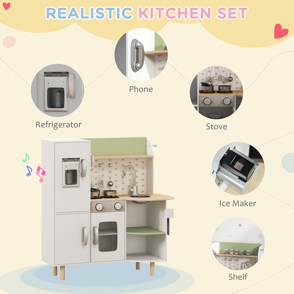 image 1 of AIYAPLAY Toy Kitchen Playset, Kids Play Kitchen Role Playing Game with Phone, Ice Maker, Stove, Sink, Utensils, for Ages 3-6 Years - White