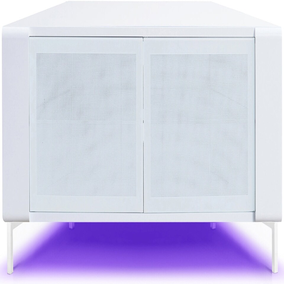 image 1 of MDA Designs CORVUS Corner-Friendly Gloss White Contemporary Cabinet with White BeamThru Glass Doors for Flat Screen TVs up to 50" with 16 Colour LED Lights White