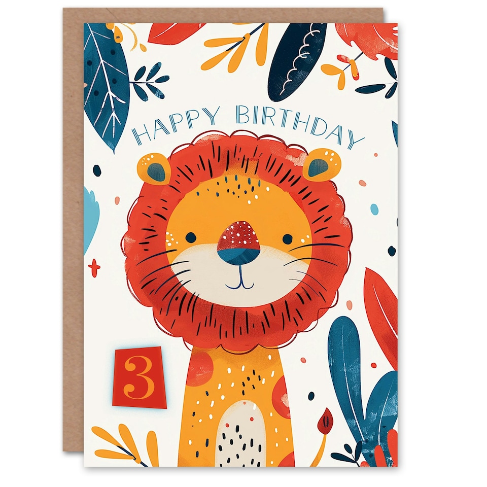 image 1 of Cute Jungle Lion Bright Cartoon Drawing 3rd Year Child Kids Birthday Card