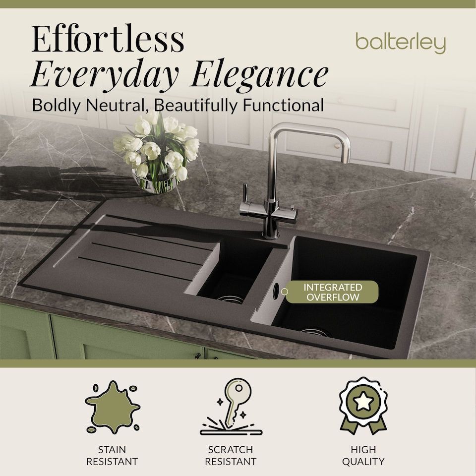 image 1 of Balterley 100cm Kitchen 1.5 Bowl Composite Inset Sink with Overflow & Reversible Drainer