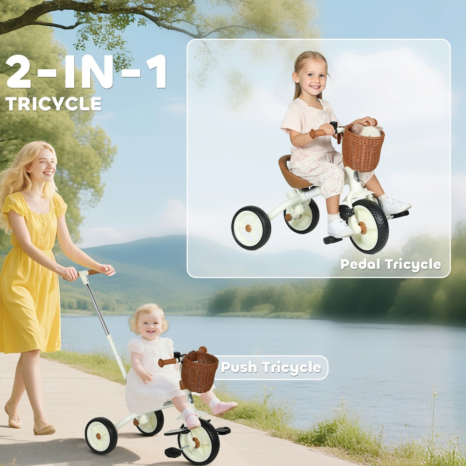 image 1 of AIYAPLAY Toddler Trike with Adjustable Parent Handle Basket for Kids, White