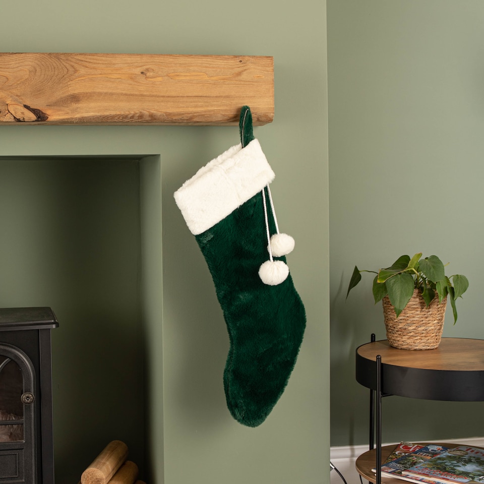 image 1 of 60cm Green Christmas Stocking with White Cuff and Pom Poms