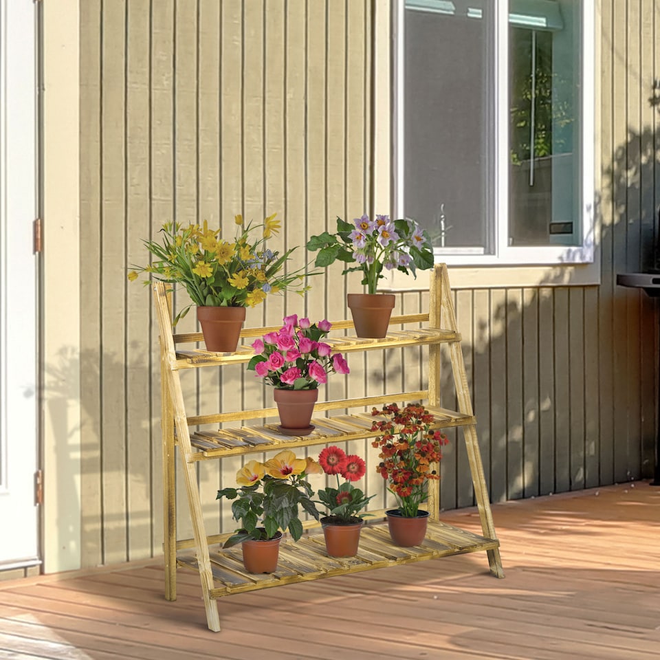 image 1 of Outsunny Flower Stand Plant Display Rack 3-Tier Foldable Wood Garden Patio