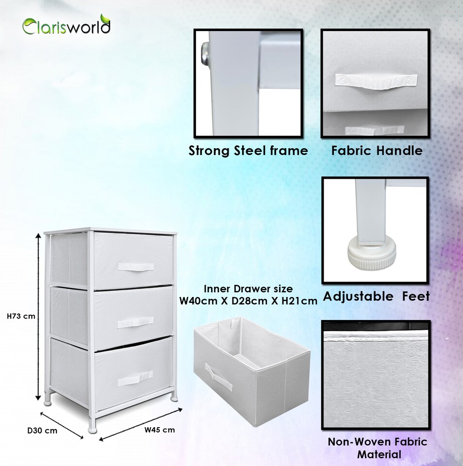 image 1 of Clarisworld 3 Drawer Storage Tower Dresser with Wood Top, Sturdy Steel Frame & Laminated Fabric Drawers, Storage Organiser Unit for Bedroom, Hallway, Entryway, Closet & Office