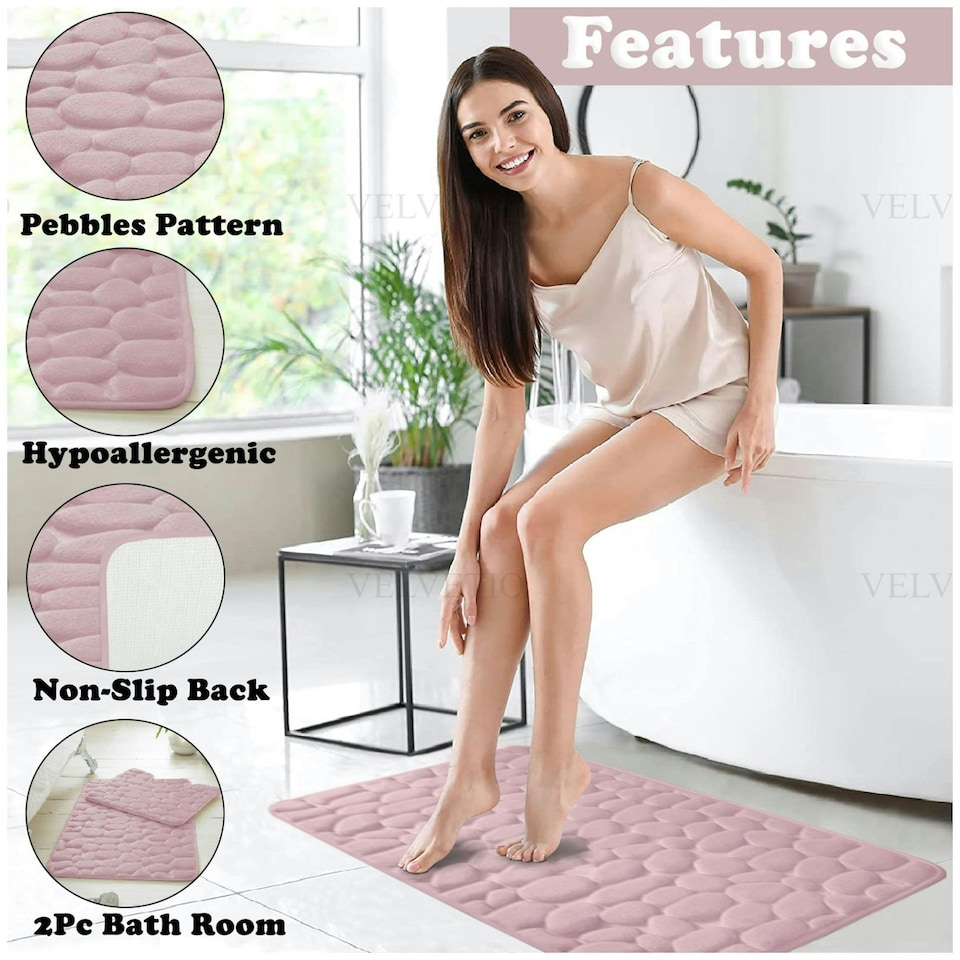 image 1 of VELVETIO 2Pc Pebble Bath Mat Set Memory Foam Bathroom Toilet Rugs Pink | Blush Pink