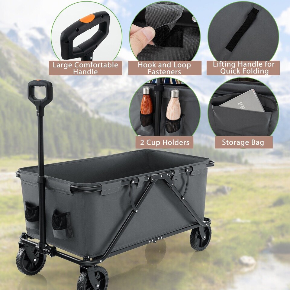 image 1 of COSTWAY Collapsible Foldable Wagon Heavy-Duty Wagon Cart w/ Adjustable Handlebar