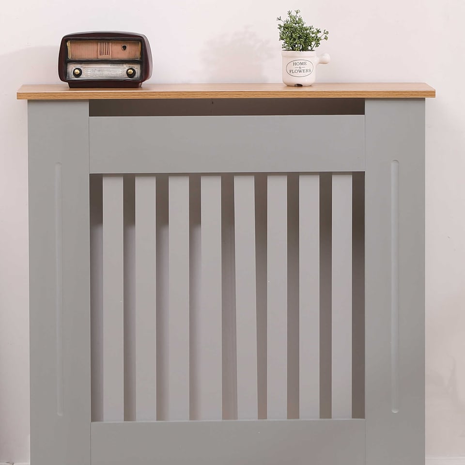 image 1 of Small Grey Wooden Slatted Grill Radiator Cover MDF Cabinet