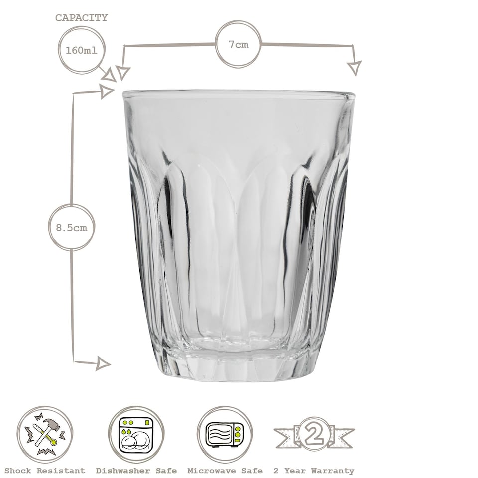 image 1 of Duralex Provence Water / Juice Traditional Tumbler Glasses - 160ml - Pack of 6 | Clear | Clear