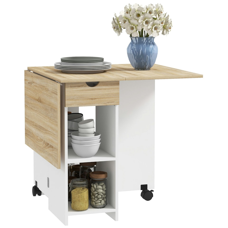 image 1 of HOMCOM Foldable Dining Table, Drop Leaf Table with Storage for Kitchen, Oak Brown