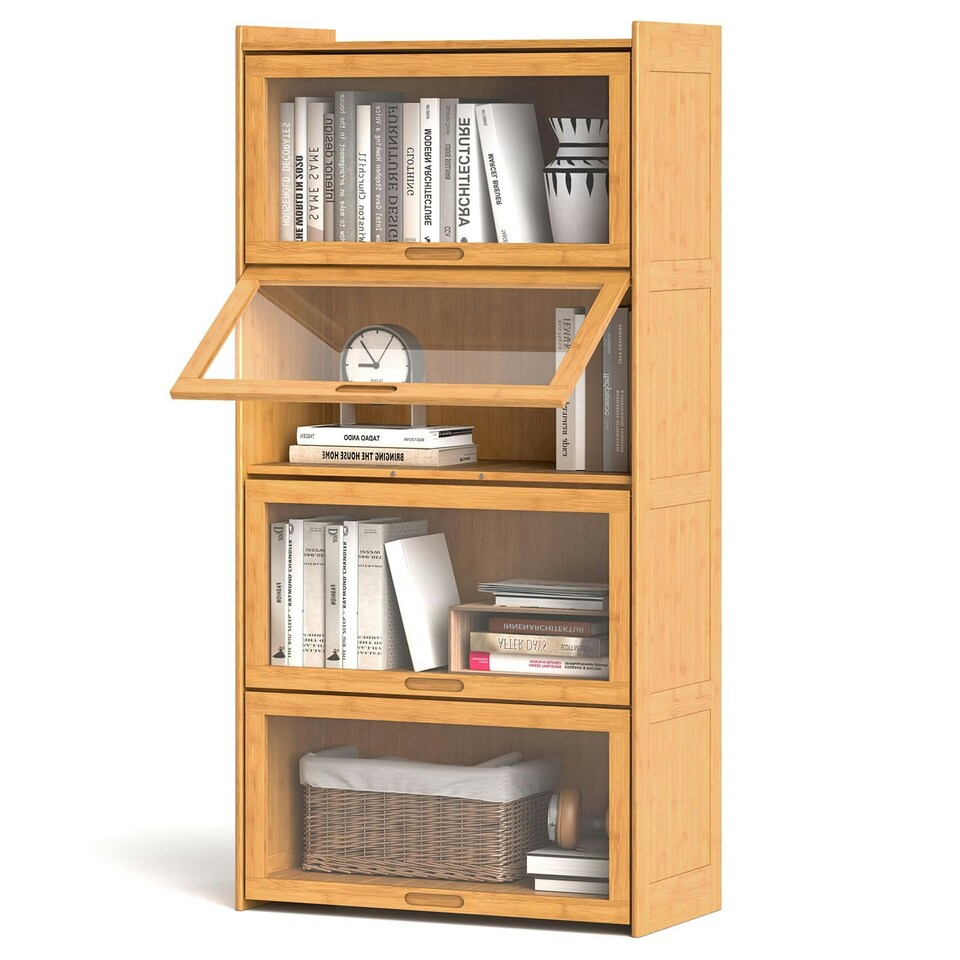 image 1 of COSTWAY 4-Tier Bookcase Bamboo Bookshelf with Doors Natural Brown