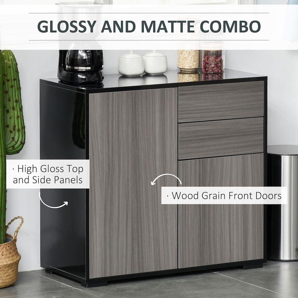 image 1 of HOMCOM High Gloss Frame Sideboard, Side Cabinet, Push-Open Design with 2 Drawer for Living Room, Bedroom, Light Grey and Black