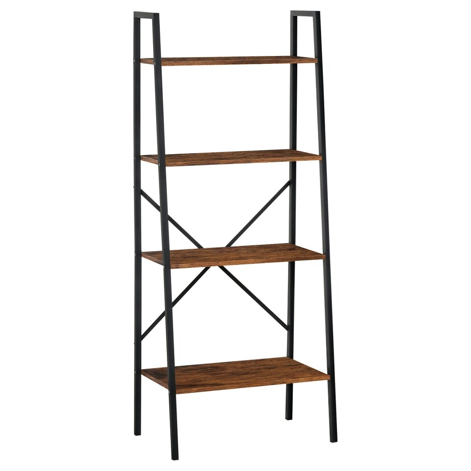 image 1 of HOMCOM Ladder Shelf, Bookshelf, 4-Tier Industrial Storage Rack for Living Room, Bedroom, Kitchen, Rustic Brown and Black