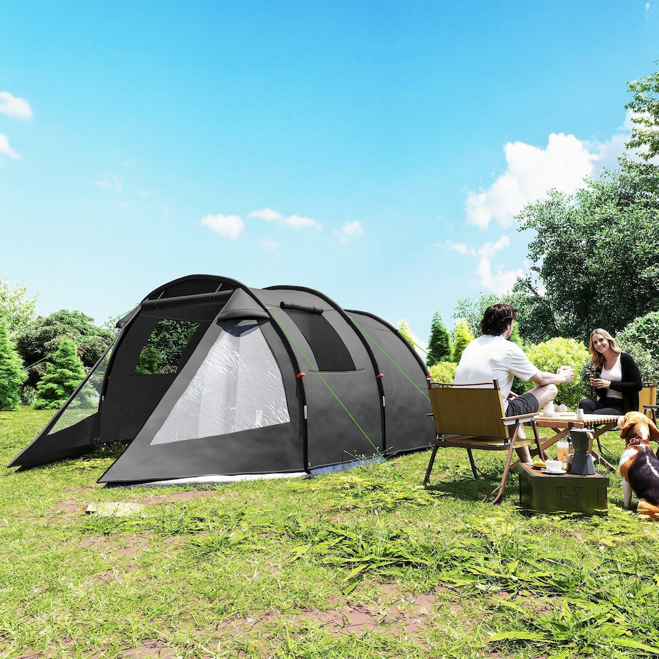 image 1 of Outsunny 3-4 Persons Tunnel Tent, Two Room Camping Tent w/ Windows, Black