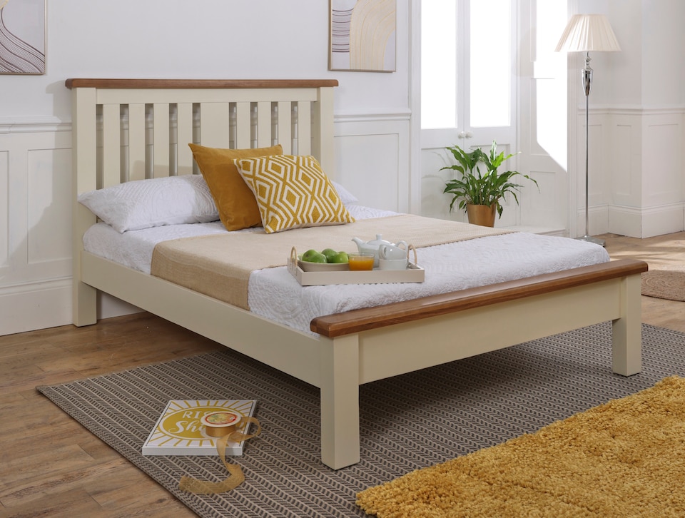 image 1 of 4ft Small Double Real oak & Ivory Cream Solid,strong,wood bed frame.Wooden bedstead | Cream | Small Double