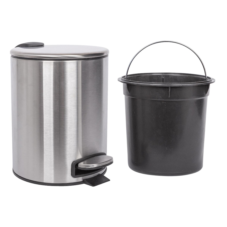 image 1 of Harbour Housewares 2x Bathroom Pedal Bins - 5L - Brushed - Round Stainless Steel Slim Rubbish Dustbin Lid and Inner Liner Bucket