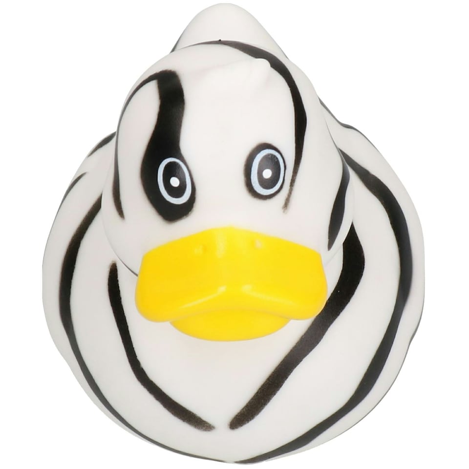 image 1 of Black & White Rubber Vinyl Squeaky Duck Dog Toy With Internal Squeak 8x10cm