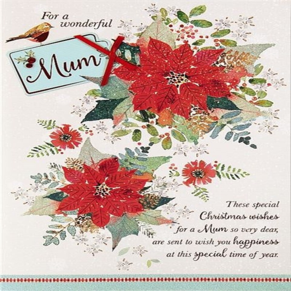 image 1 of Red Flowers And Bird Mum Large Handmade Christmas Card