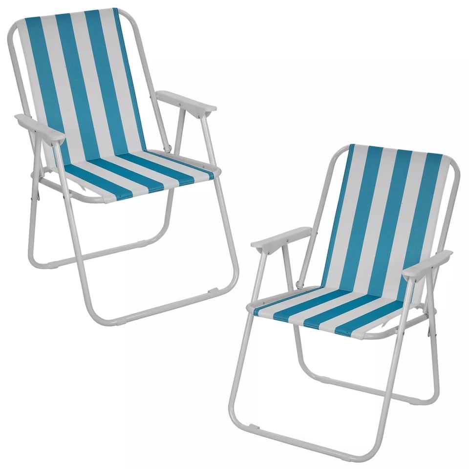 image 1 of Garden Patio Metal Folding Spring Deck Chairs Camping Beach Picnic Outdoor Seats | Black | 2 x White & Blue Stripe