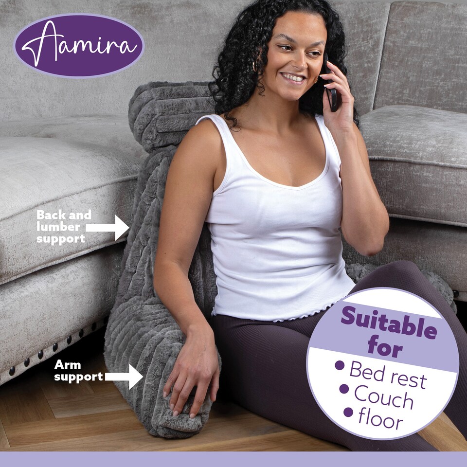 image 1 of Aamira Reading Pillow Grey Faux Fur Ribbed Memory Foam Support Cushion | Grey | Grey | Standard | 1