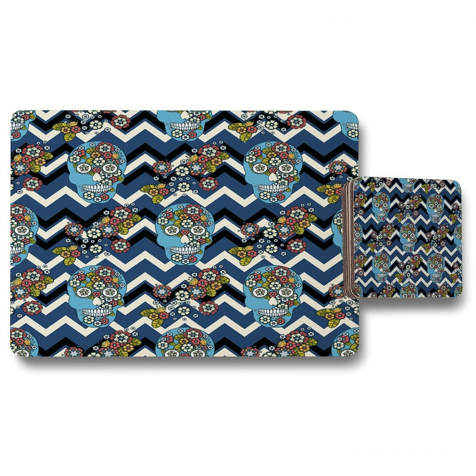 image 1 of Embroidery colorful simplified ethnic skull Blue pattern (Placemat & Coaster Set)