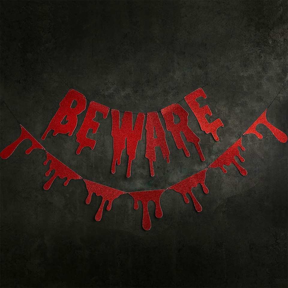 Red 'Beware' Glitter Card Banner 2m | Multi