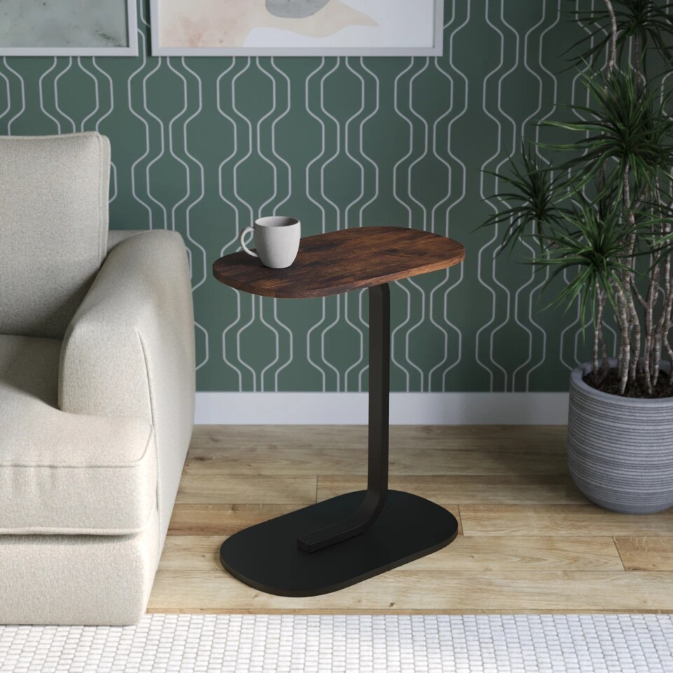 image 1 of C Shaped Oval Side End Wood & Metal Table Bedside Couch Sofa Living Room Bedroom | Multi | Rustic Brown