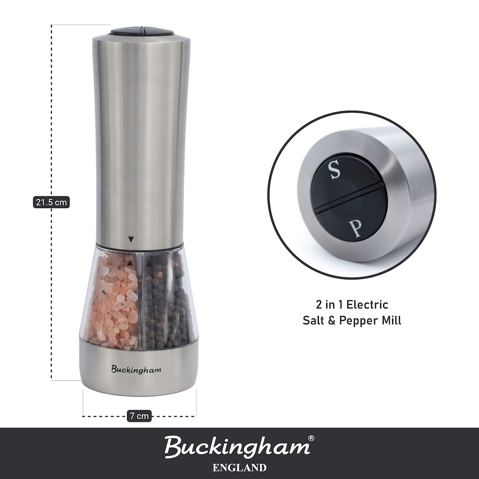 image 1 of Buckingham Stainless Steel Electric Dual 2 in 1 Salt & Pepper Mill